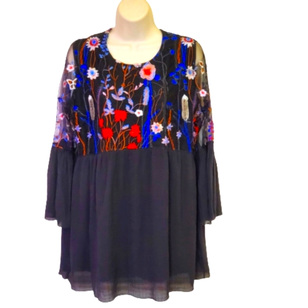 Southern Stitch Floral Embroidered Babydoll Blouse, Black Multi-Color, Medium